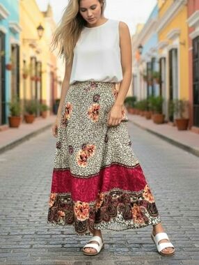 Leslie Fay multicoloured midi skirt elastic waistband Bohemian Floral Sz 12